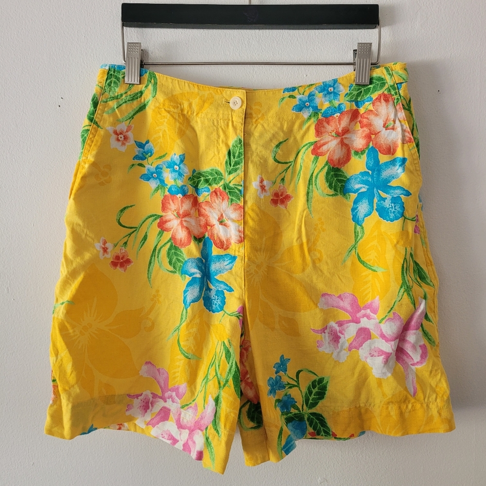 Lauren Ralph Lauren Floral 100% Linen Size 8 Shorts Yellow‎ Pockets